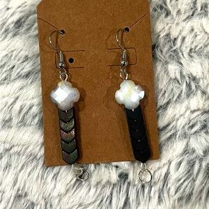 Elegant Black and White Beaded Silver Earrings